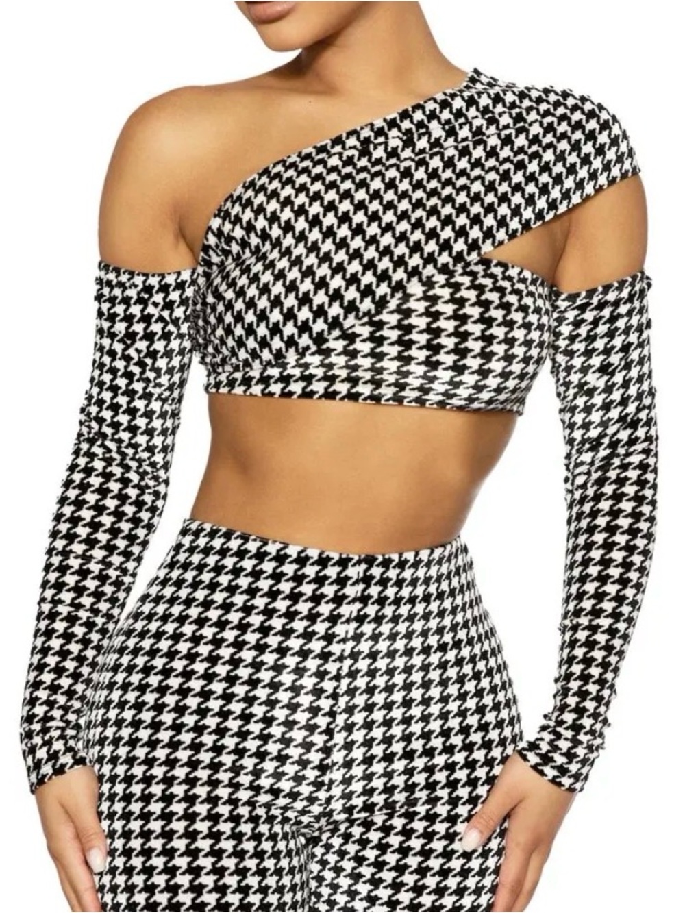 Naked wardrobe One-Shoulder Houndstooth Crop Top - Black & White